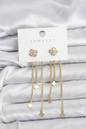 Pirinç Gold Renk Yonca Model Sallantılı Kadın Küpe Pirinç Gold Renk Yonca Model Sallantılı Kadın Küpe
