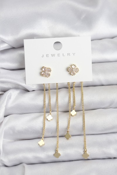 Pirinç Gold Renk Yonca Model Sallantılı Kadın Küpe