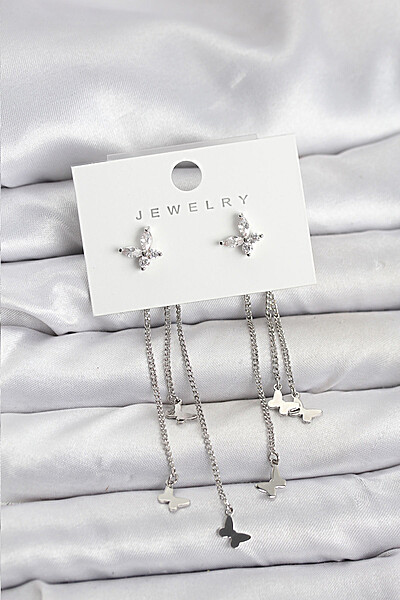 Kelebek Model Gümüş Renk Pirinç Sallantılı Kadın Küpe