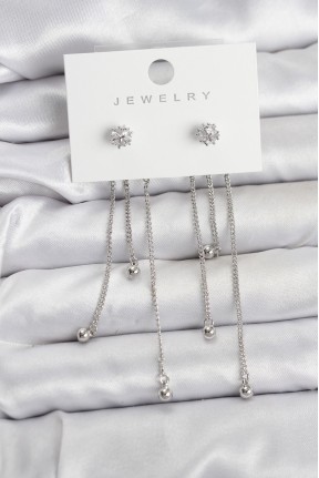 Topçuk Model Gümüş Renk Pirinç Sallantılı Kadın Küpe Seti