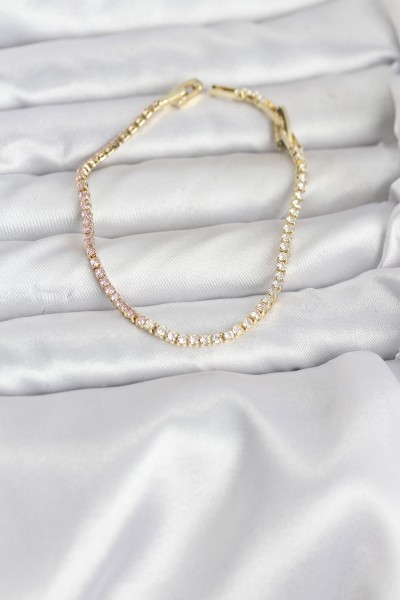 Pembe Ve Beyaz Zirkon Taşlı Gold Renk Su Yolu Kadın Bileklik