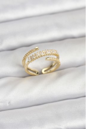 Pirinç Gold Renk Sıralı Baget Zirkon Taşlı Kadın Yüzük Pirinç Gold Renk Sıralı Baget Zirkon Taşlı Kadın Yüzük