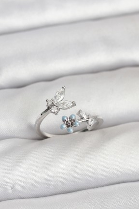 Pirinç Gümüş Renk Kelebek Model Kadın Yüzük