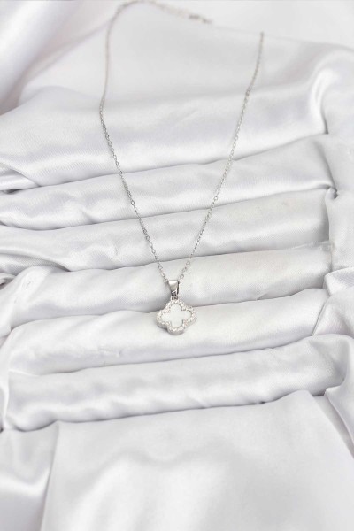 316l çelik Zincir Gümüş Renk Sedefli Yonca Kadın Kolye