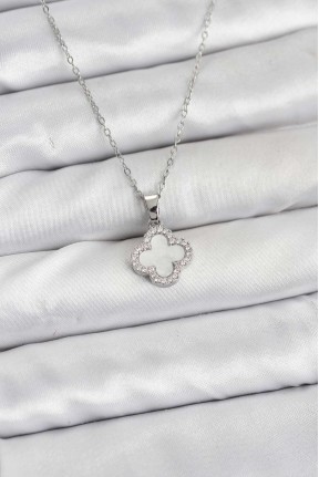 316l çelik Zincir Gümüş Renk Sedefli Yonca Kadın Kolye