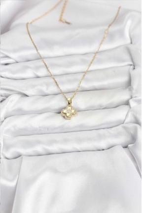 316l çelik Zincir Gold Renk Zirkon Taşlı Yonca Model Kadın Kolye