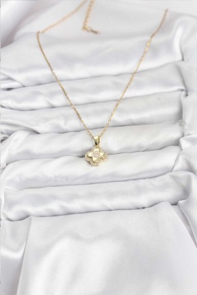 316l çelik Zincir Gold Renk Zirkon Taşlı Yonca Model Kadın Kolye