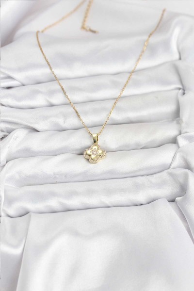 316l çelik Zincir Gold Renk Zirkon Taşlı Yonca Model Kadın Kolye