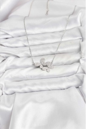 316l çelik Zincir Gümüş Renk Zirkon Taşlı Kelebek Model Kadın Kolye