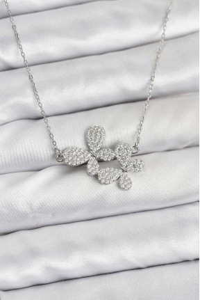 316l çelik Zincir Gümüş Renk Zirkon Taşlı Kelebek Model Kadın Kolye