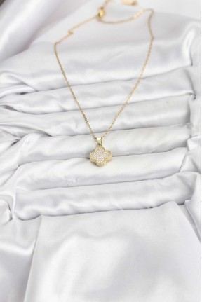 316l çelik Zincir Gold Renk Zirkon Taşlı Yonca Model Kadın Kolye