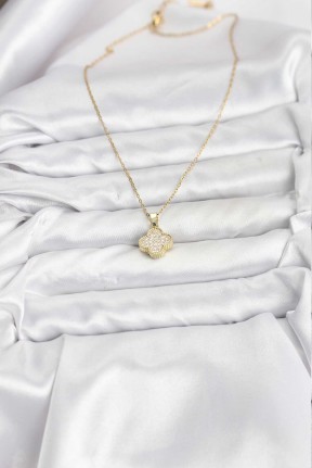 316l çelik Zincir Gold Renk Zirkon Taşlı Yonca Model Kadın Kolye