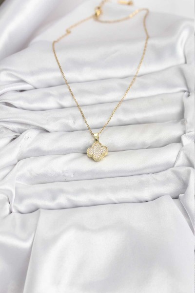 316l çelik Zincir Gold Renk Zirkon Taşlı Yonca Model Kadın Kolye