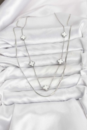 316l çelik Zincir Gümüş Renk İtalyan Zincirli Yonca Model Kadın Kolye