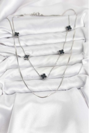 316l çelik Zincir Gümüş Renk İtalyan Zincirli Siyah Yonca Model Kadın Kolye