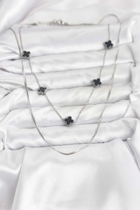 316l çelik Zincir Gümüş Renk İtalyan Zincirli Siyah Yonca Model Kadın Kolye