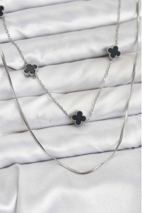 316l çelik Zincir Gümüş Renk İtalyan Zincirli Siyah Yonca Model Kadın Kolye