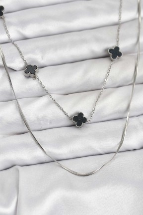 316l çelik Zincir Gümüş Renk İtalyan Zincirli Siyah Yonca Model Kadın Kolye