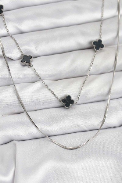 316l çelik Zincir Gümüş Renk İtalyan Zincirli Siyah Yonca Model Kadın Kolye