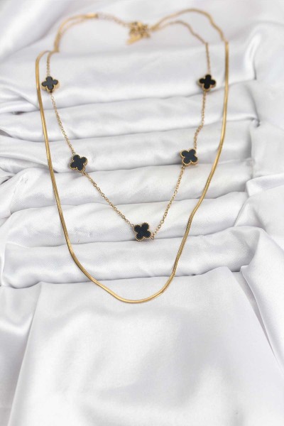 316l çelik Zincir Gold Renk İtalyan Zincirli Siyah Yonca Model Kadın Kolye
