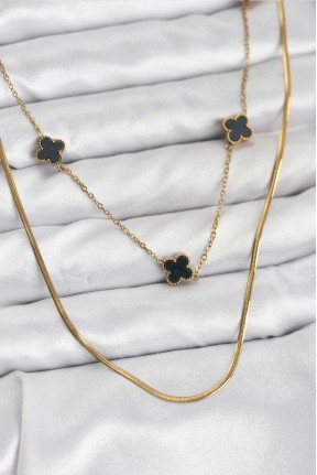 316l çelik Zincir Gold Renk İtalyan Zincirli Siyah Yonca Model Kadın Kolye