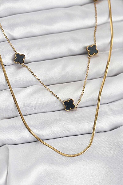 316l çelik Zincir Gold Renk İtalyan Zincirli Siyah Yonca Model Kadın Kolye