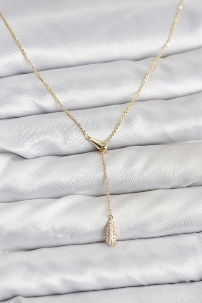 Pirinç Gold Renk Asansörlü Damla Model Kadın Kolye