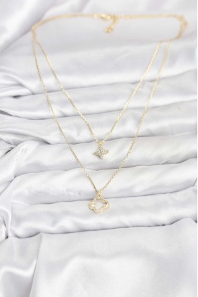 Pirinç Gold Renk Yonca Model 2'li Kadın Kolye