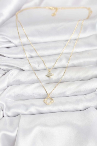 Pirinç Gold Renk Yonca Model 2'li Kadın Kolye