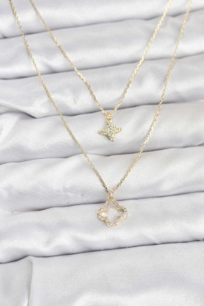 Pirinç Gold Renk Yonca Model 2'li Kadın Kolye