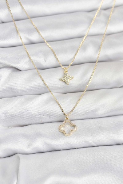 Pirinç Gold Renk Yonca Model 2'li Kadın Kolye