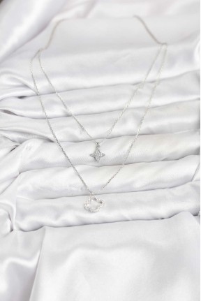 Pirinç Gümüş Renk Yonca Model 2'li Kadın Kolye Pirinç Gümüş Renk Yonca Model 2'li Kadın Kolye