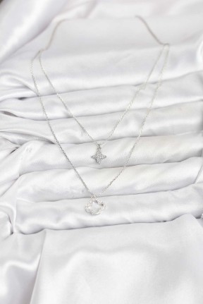 Pirinç Gümüş Renk Yonca Model 2'li Kadın Kolye