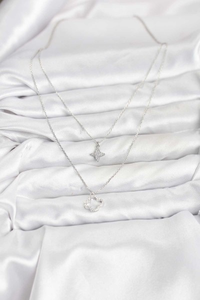 Pirinç Gümüş Renk Yonca Model 2'li Kadın Kolye Pirinç Gümüş Renk Yonca Model 2'li Kadın Kolye