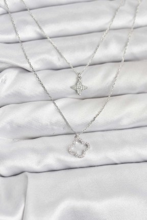 Pirinç Gümüş Renk Yonca Model 2'li Kadın Kolye