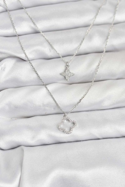 Pirinç Gümüş Renk Yonca Model 2'li Kadın Kolye Pirinç Gümüş Renk Yonca Model 2'li Kadın Kolye