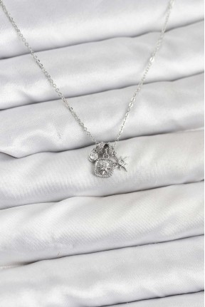 Pirinç Gümüş Renk Minimal Charmlı Kadın Kolye