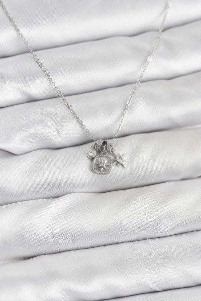 Pirinç Gümüş Renk Minimal Charmlı Kadın Kolye