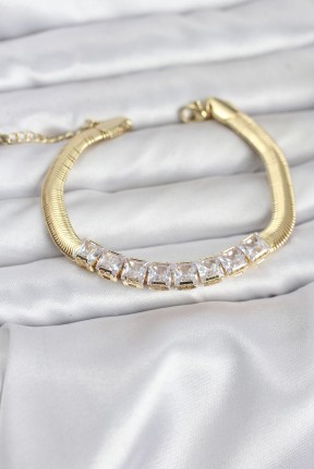 316l çelik Gold Renk Kare Zirkon Taşlı Yılan Zincirli Kadın Bileklik