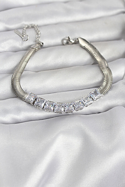 316l çelik Gümüş Renk Kare Zirkon Taşlı Yılan Zincirli Kadın Bileklik