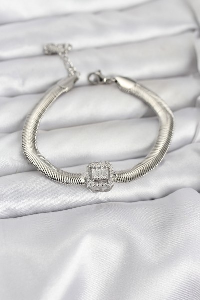 316l çelik Gümüş Renk Baget Zirkon Taşlı Yılan Zincirli Kadın Bileklik