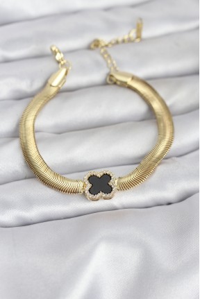 316l çelik Gold Renk Siyah Yonca Model Zirkon Taşlı Yılan Zincirli Kadın Bileklik
