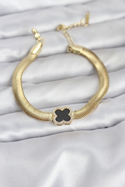 316l çelik Gold Renk Siyah Yonca Model Zirkon Taşlı Yılan Zincirli Kadın Bileklik