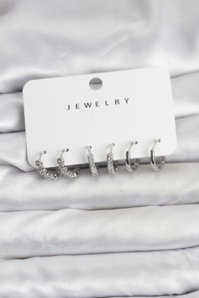 Gümüş Renk Pirinç Zirkon Taşlı Kadın Küpe Seti