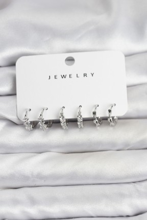 Pirinç Gümüş Renk Zirkon Taşlı Kadın Küpe Seti