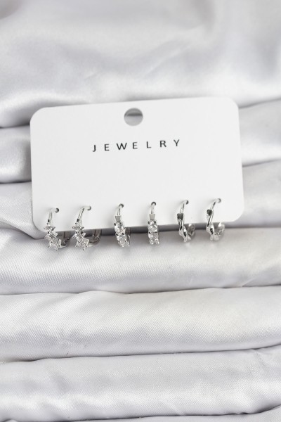 Pirinç Gümüş Renk Zirkon Taşlı Kadın Küpe Seti