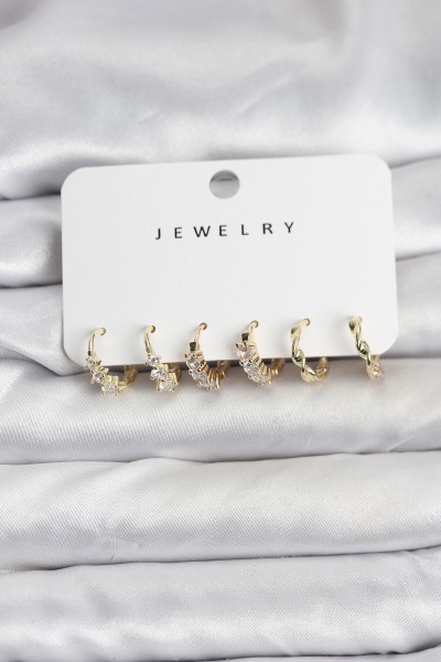 Pirinç Gold Renk Zirkon Taşlı Kadın Küpe Seti