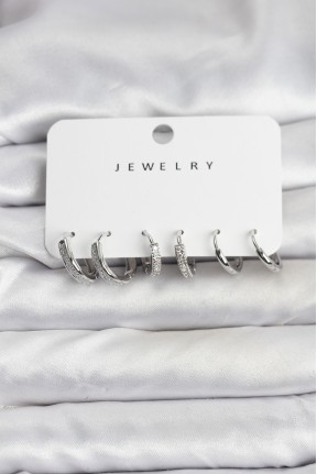 Zirkon Taşlı Gümüş Renk Pirinç Kadın Küpe Seti Zirkon Taşlı Gümüş Renk Pirinç Kadın Küpe Seti