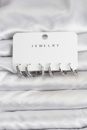 Zirkon Taşlı Gümüş Renk Pirinç Kadın Küpe Seti Zirkon Taşlı Gümüş Renk Pirinç Kadın Küpe Seti