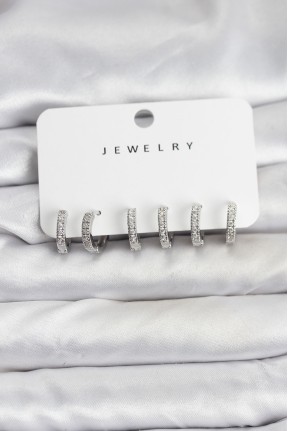 Gümüş Renk Pirinç Zirkon Taşlı Halka Kadın Küpe Seti Gümüş Renk Pirinç Zirkon Taşlı Halka Kadın Küpe Seti